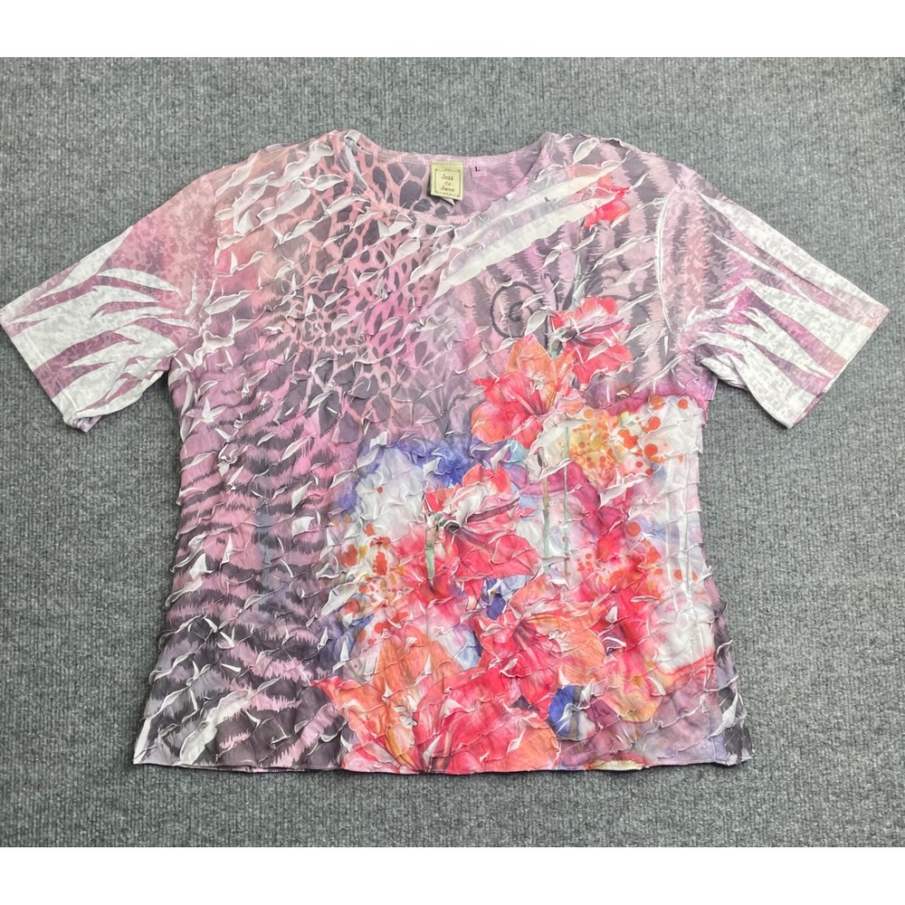 Jess & Jane Top Women's L‎ Pink Mixed Floral Animal Print Textured Short Sleeve